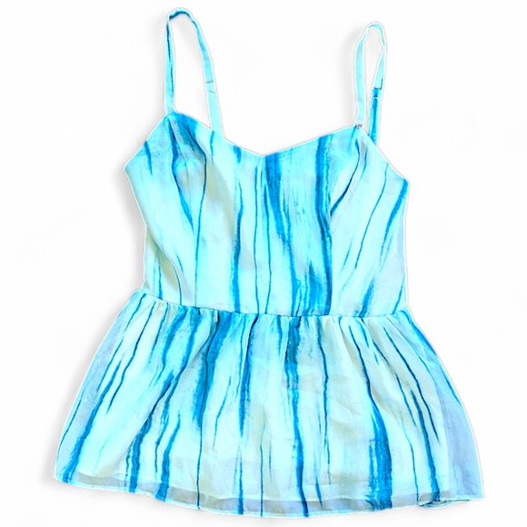 00s Small Guess Blue Tie Dye Tank Top Peplum Babydoll Sleeveless Smocked - Picture 1 of 3